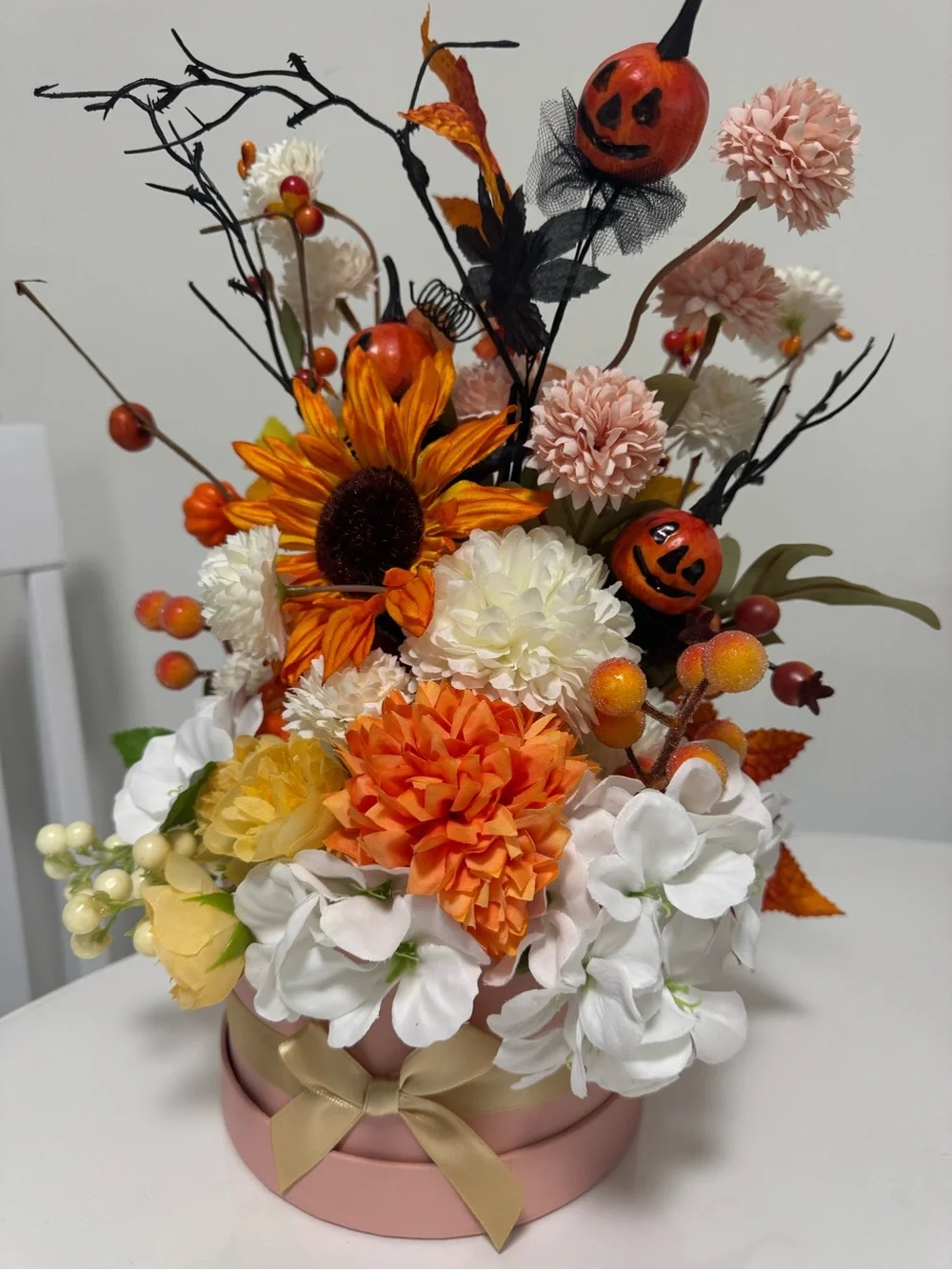 Autumn Pumpkin & Sunflower Arrangement - Orange, White, Cream